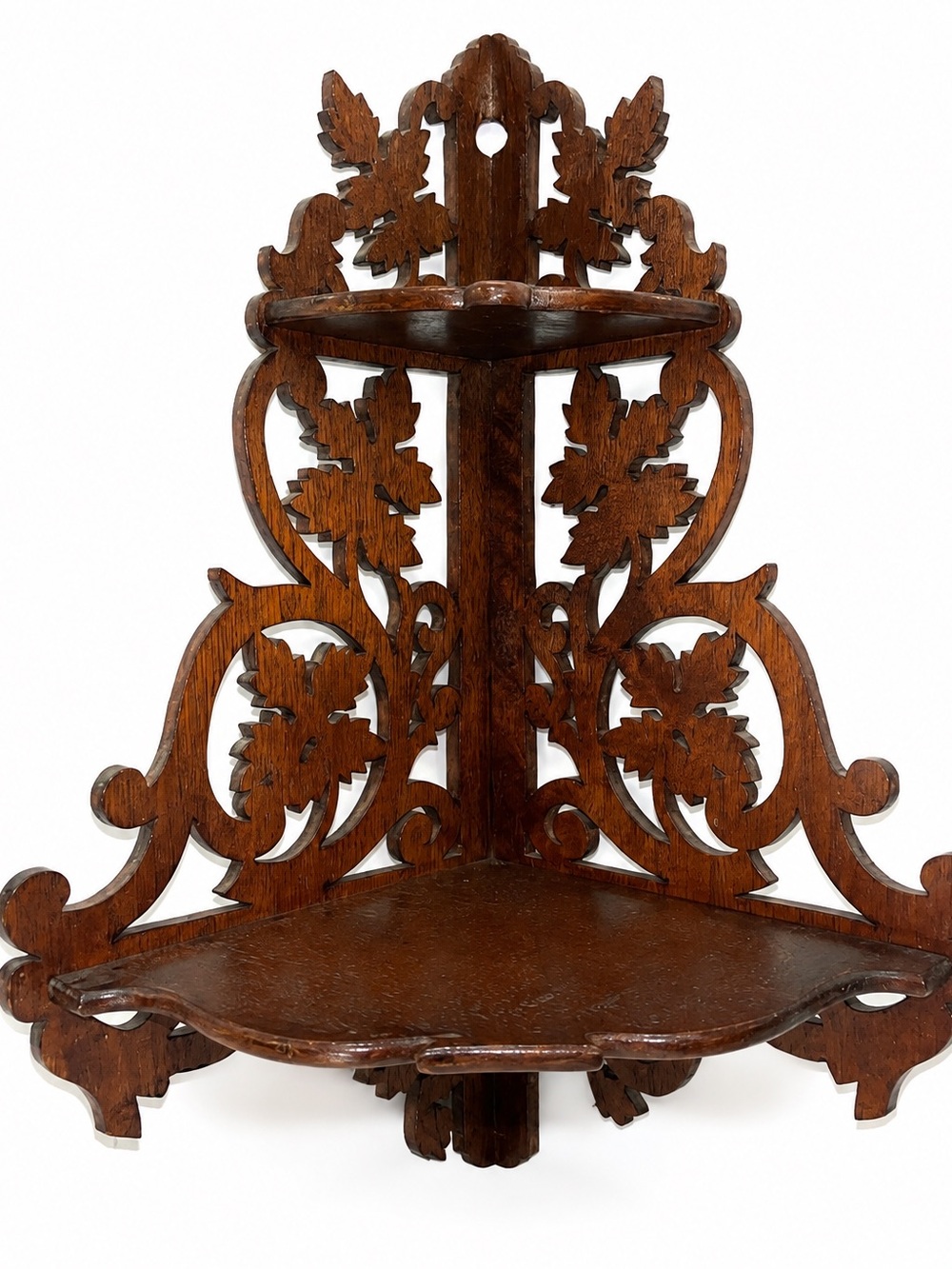 Antique Victorian Fretwork Carved Wood Corner Shelf 2 Tier - Brown 15x10